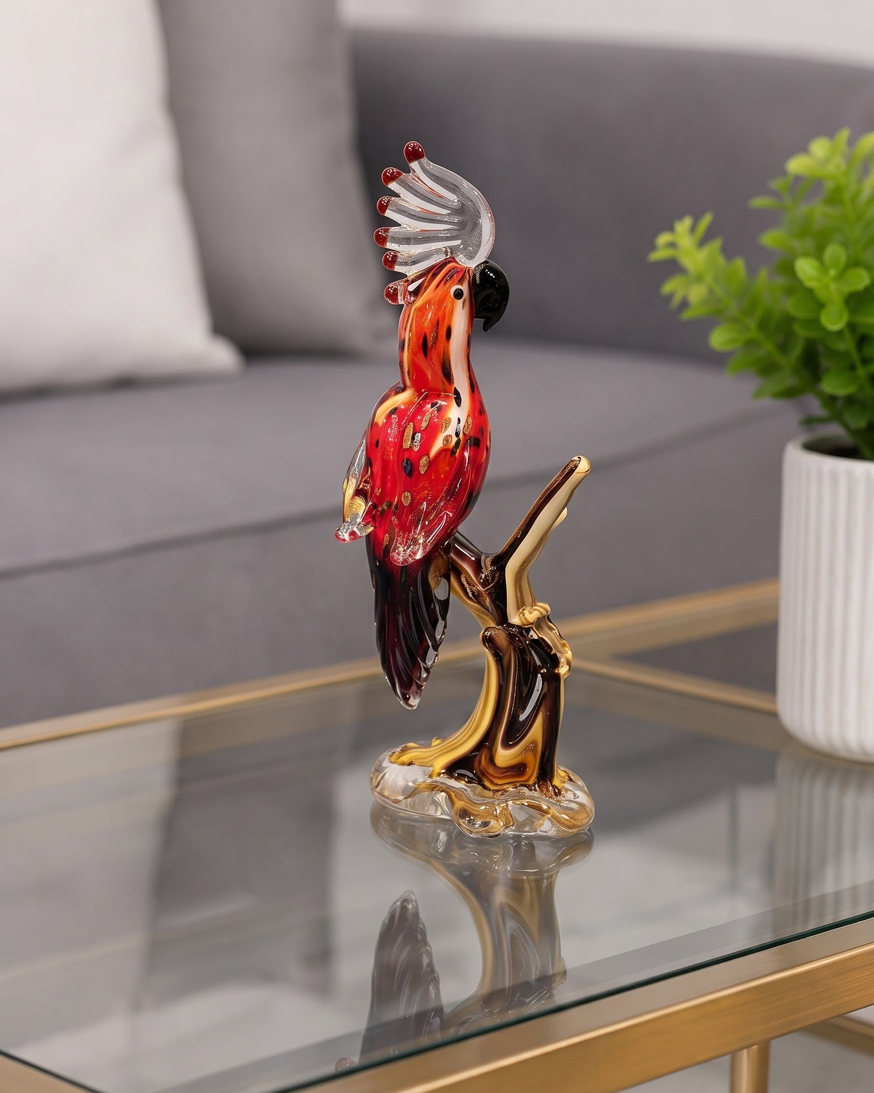 Crimson Cockatoo Art Decorative Glass Figurine 