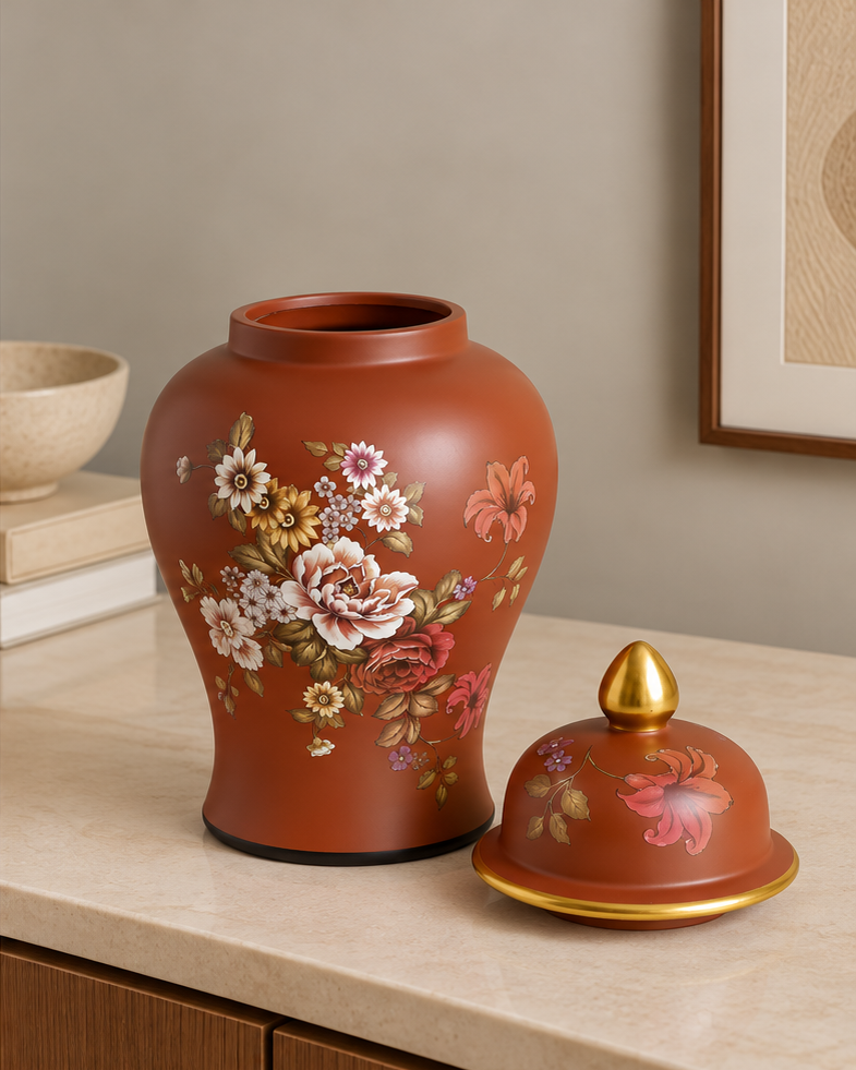 Royal Crimson Blossom Temple Jar - Large