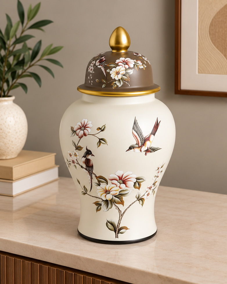 Vintage Floral & Bird Decorative Temple Jar - Small