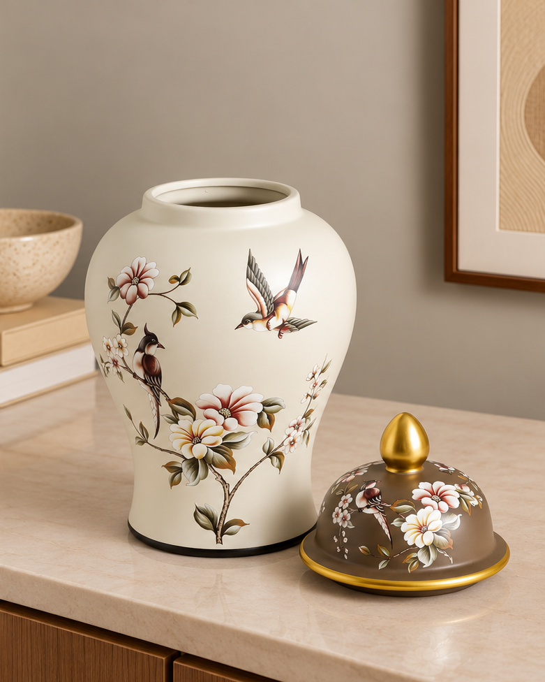 Vintage Floral & Bird Decorative Temple Jar - Small