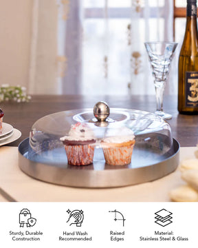 Silver Stainless Steel Cake Plate with Fiber Dome
