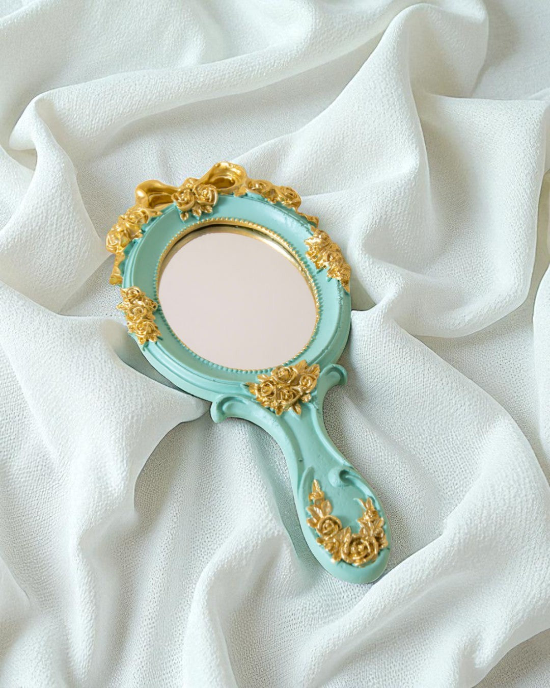 Vintage Aqua Floral Hand Mirror - Green 