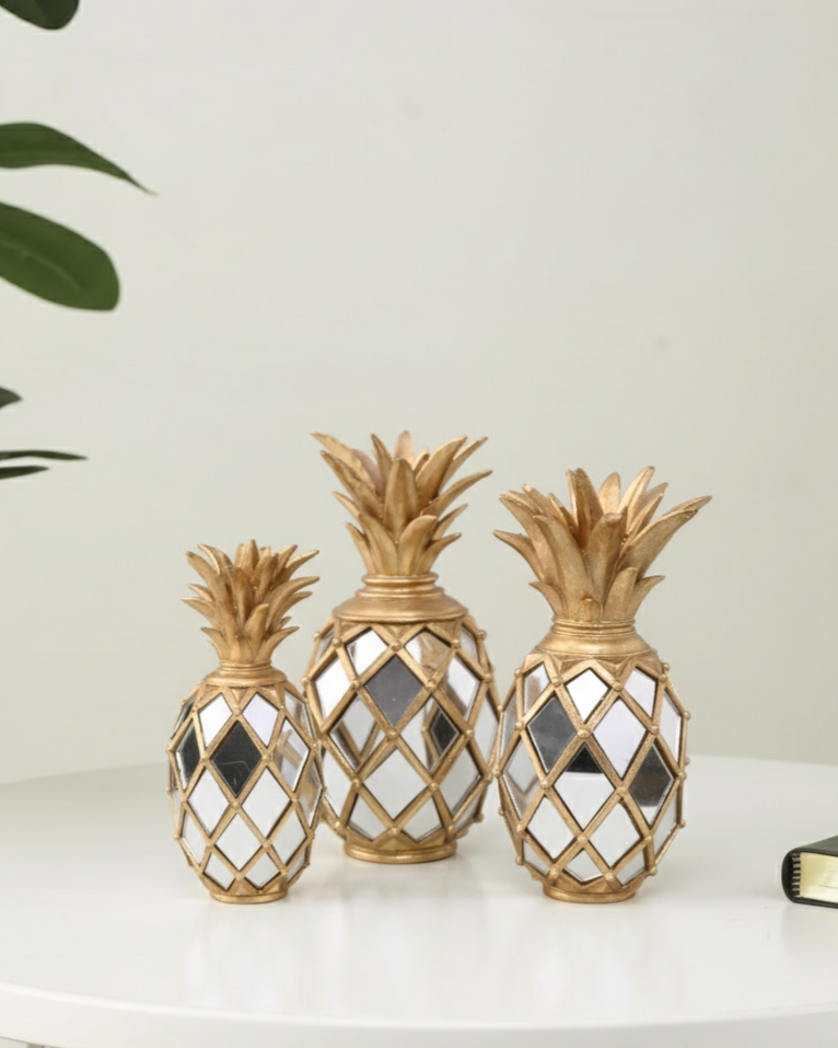 Golden Pineapple Mirror Table Décor - Set Of 3 