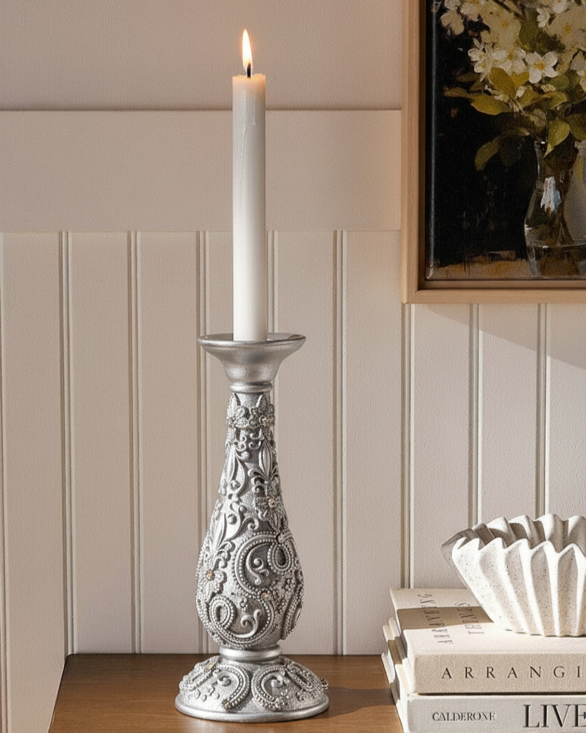 Silver Ornate Floral Candle Stand - Large 