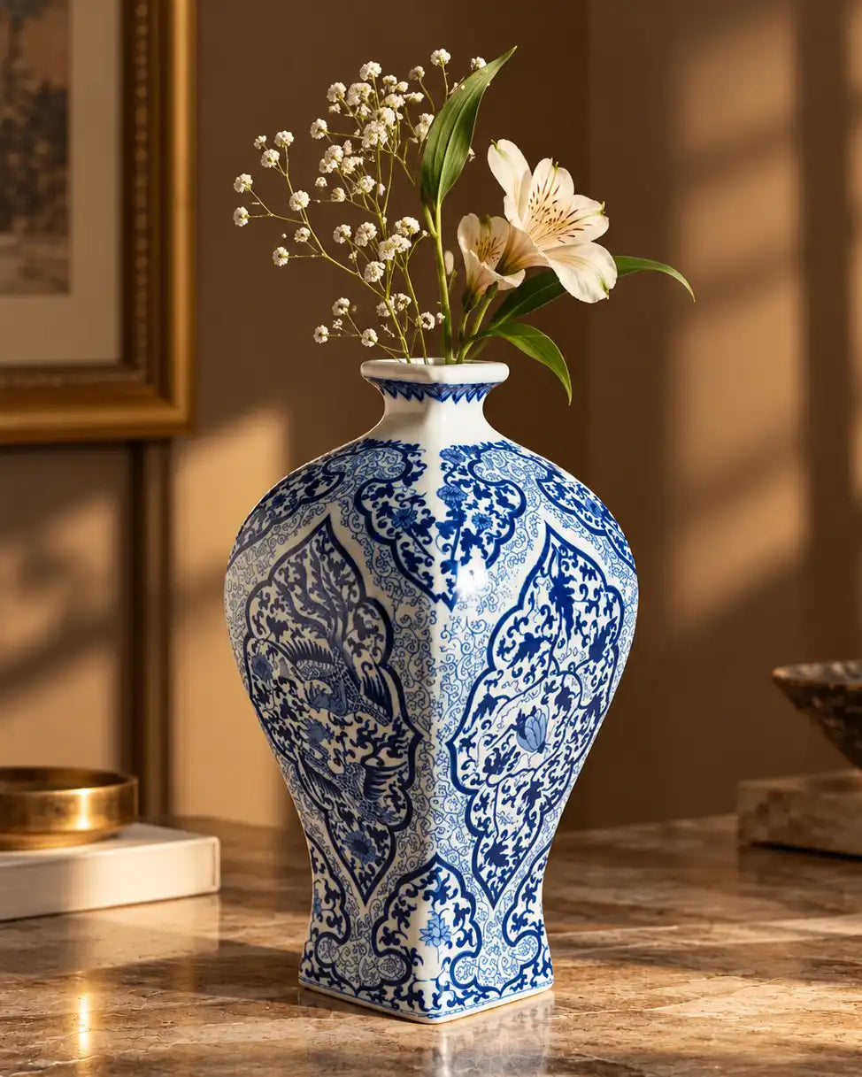 Ornate Floral Paisley Motif Faceted Vase