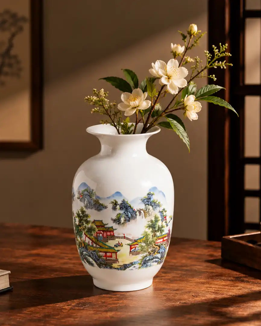 Mountain Pavilion Landscape Round Neck Vase