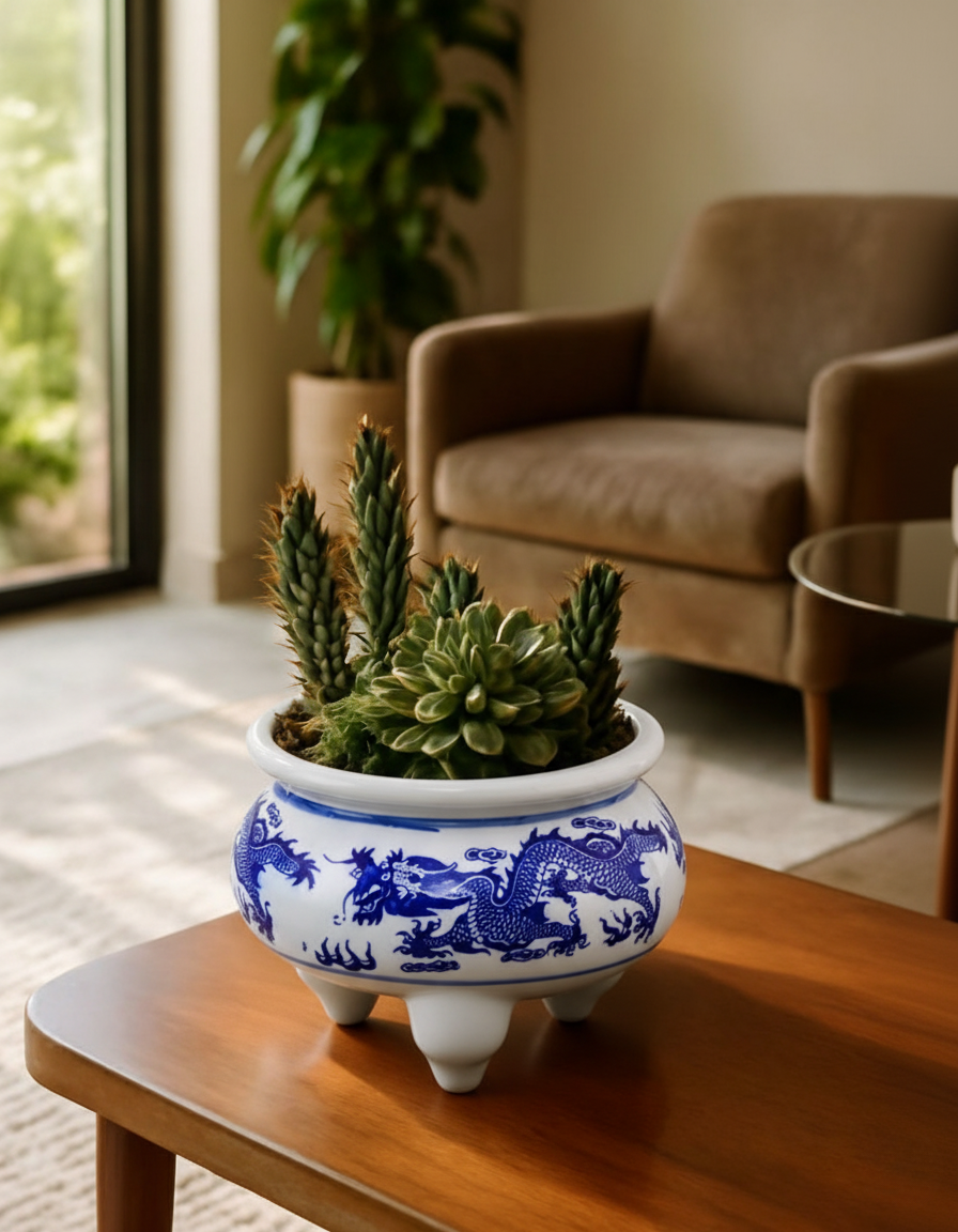 Blue & White Dragon Motif Tripod Planter - 7" 