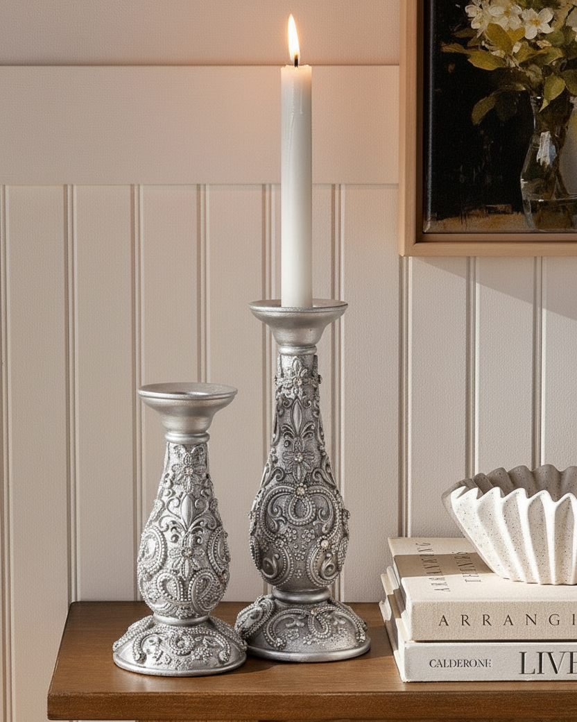 Silver Ornate Floral Candle Stand - Large 