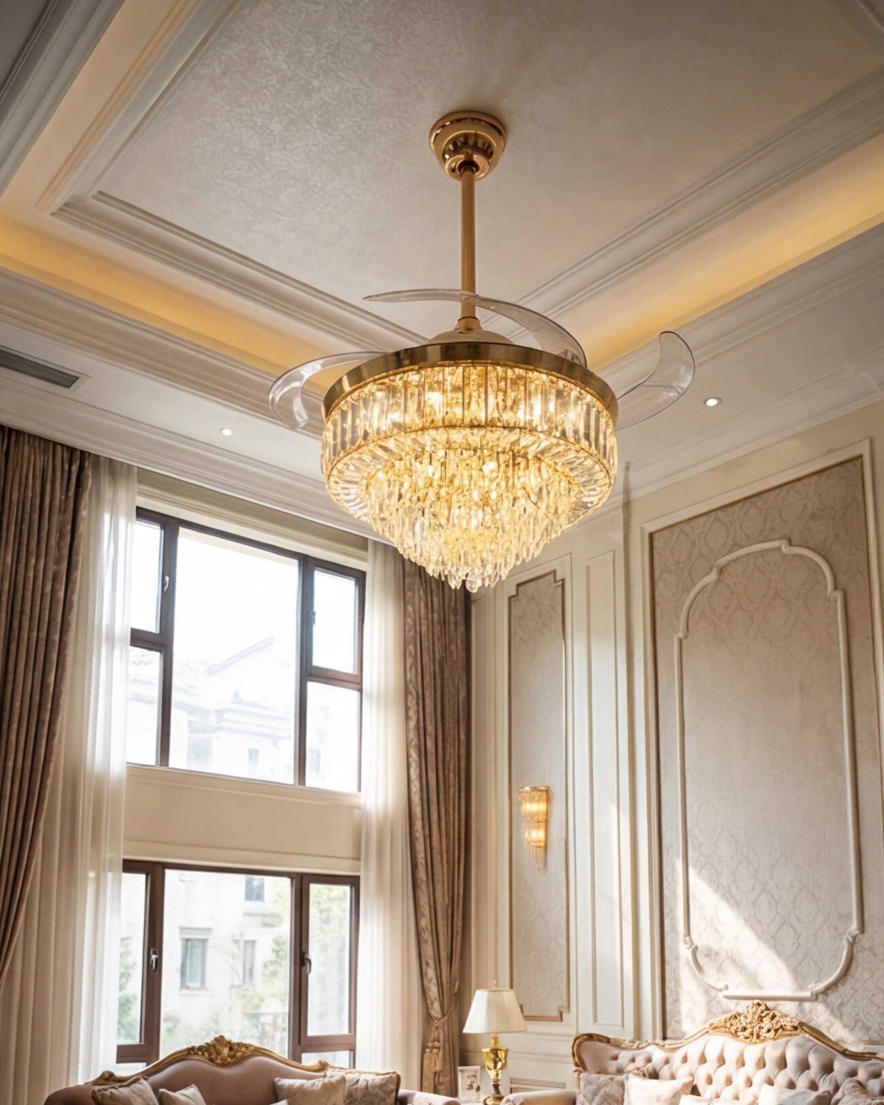 Crystal Ring Retractable Ceiling Fan + Chandelier Light (with Remote Control) 