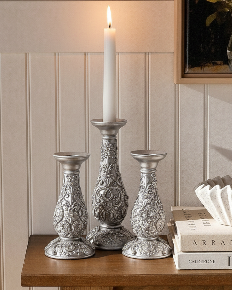 Silver Ornate Floral Candle Stand - Large 