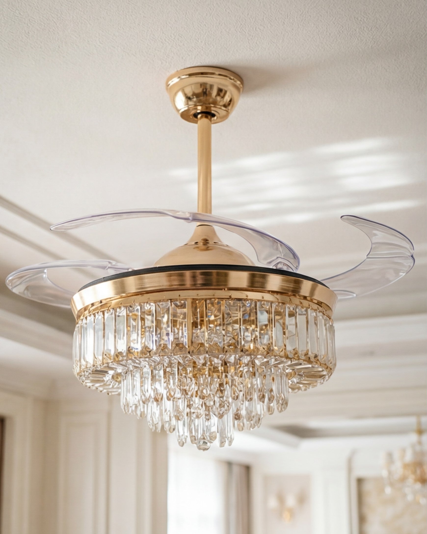 Crystal Ring Retractable Ceiling Fan + Chandelier Light (with Remote Control) 