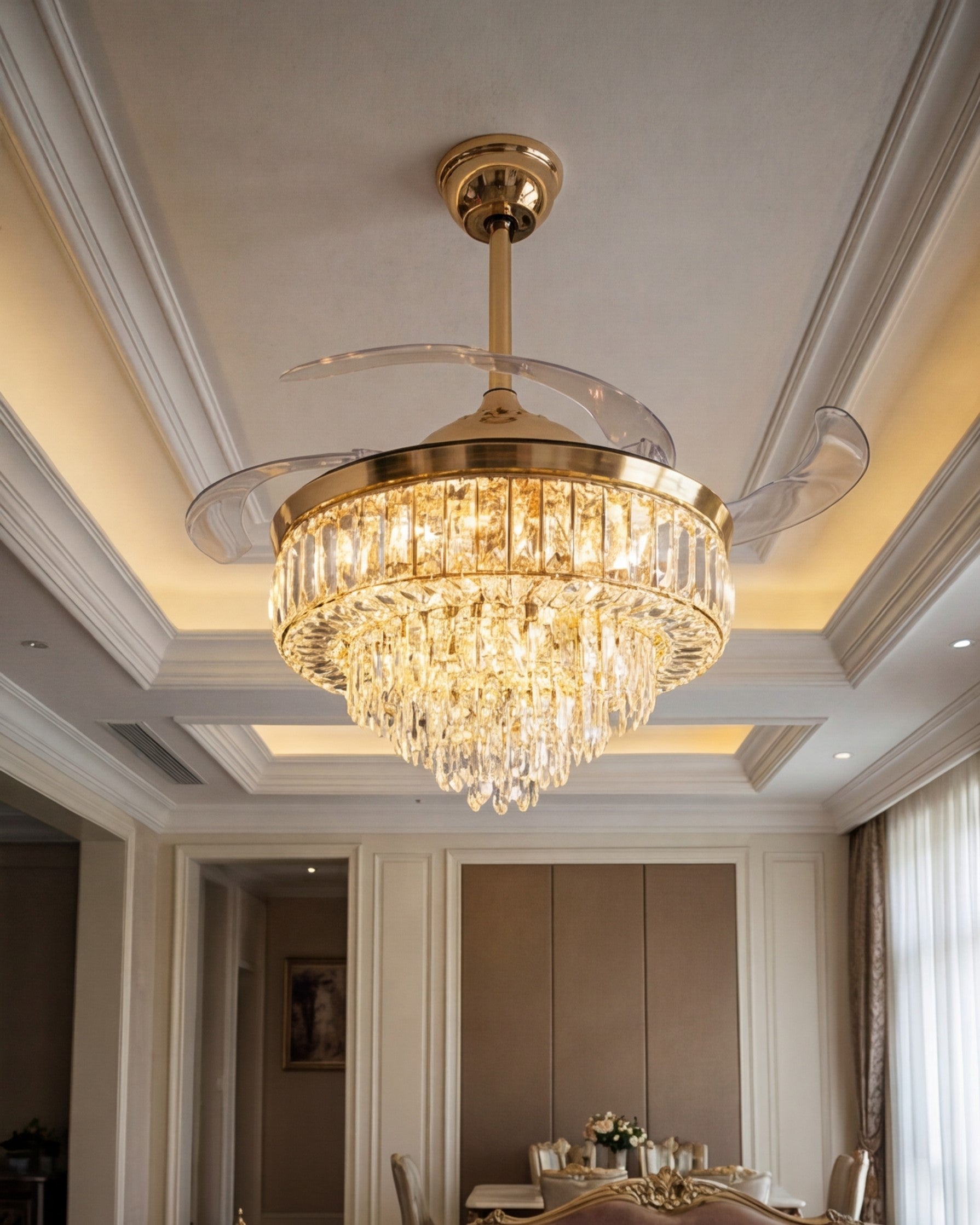 Crystal Ring Retractable Ceiling Fan + Chandelier Light (with Remote Control) 
