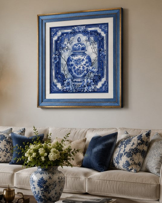 Blue & White Framed Wall art - 12"x12" 