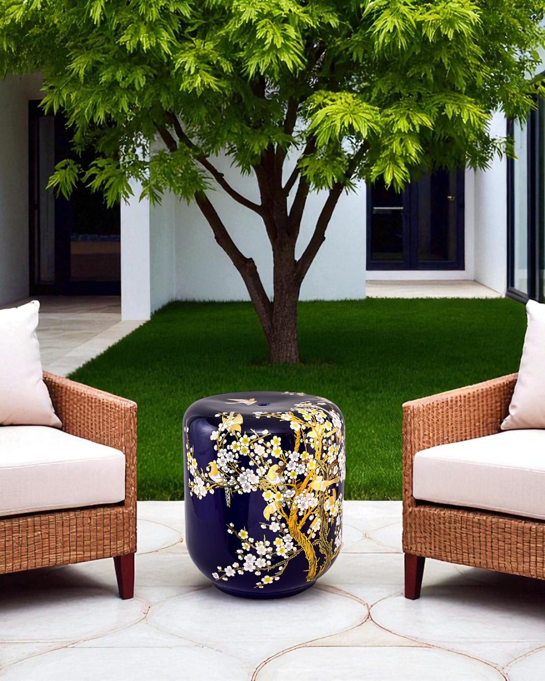 Sakura Blossom Garden Stool - Navy Blue 