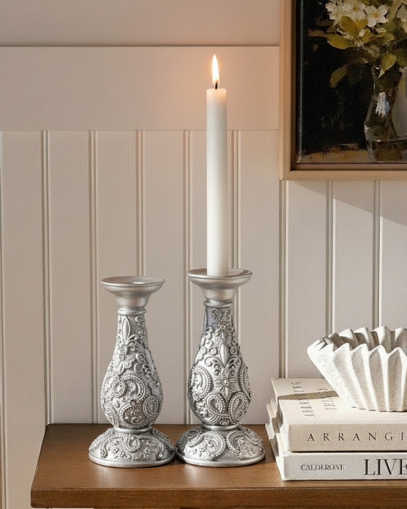 Silver Ornate Floral Candle Stand - Small 