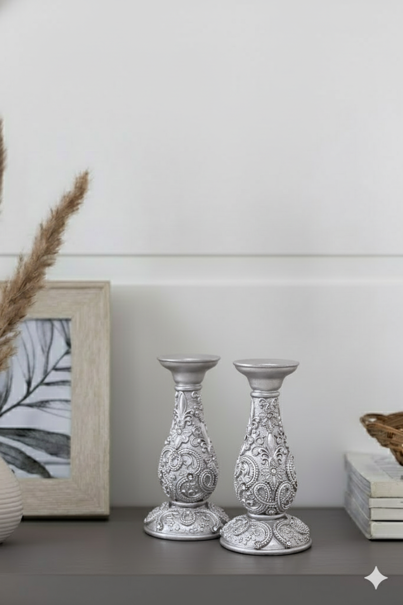 Silver Ornate Floral Candle Stand - Small 