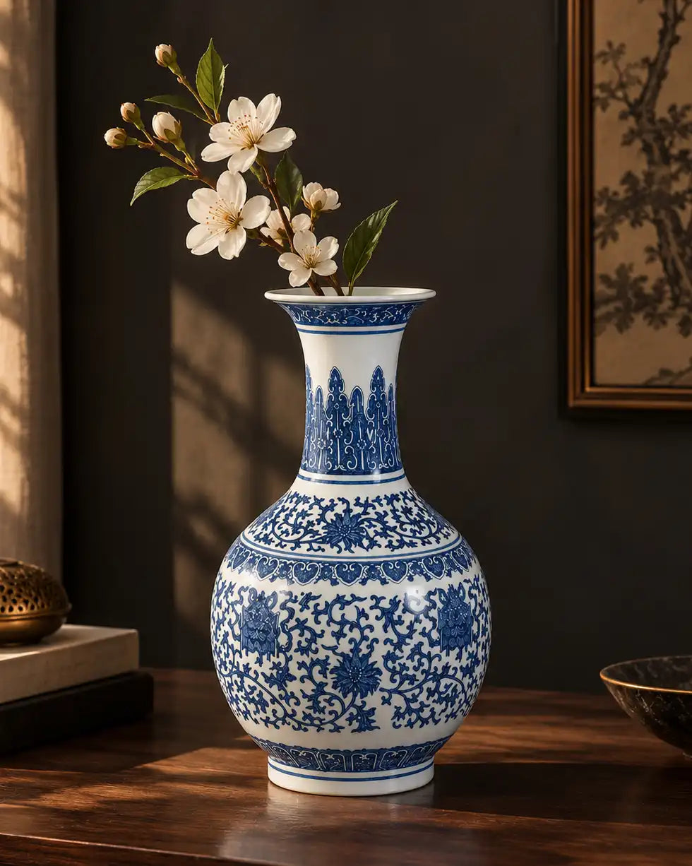Blue & White Ornamental Floral Bulb Vase