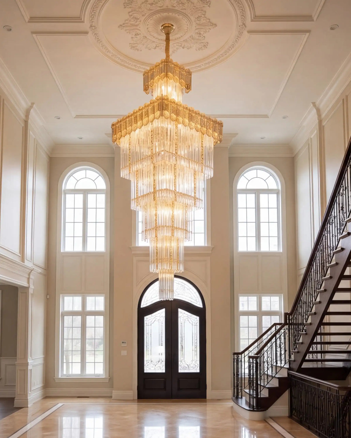 Grand Royale Geometric Cascade Double Height Chandelier