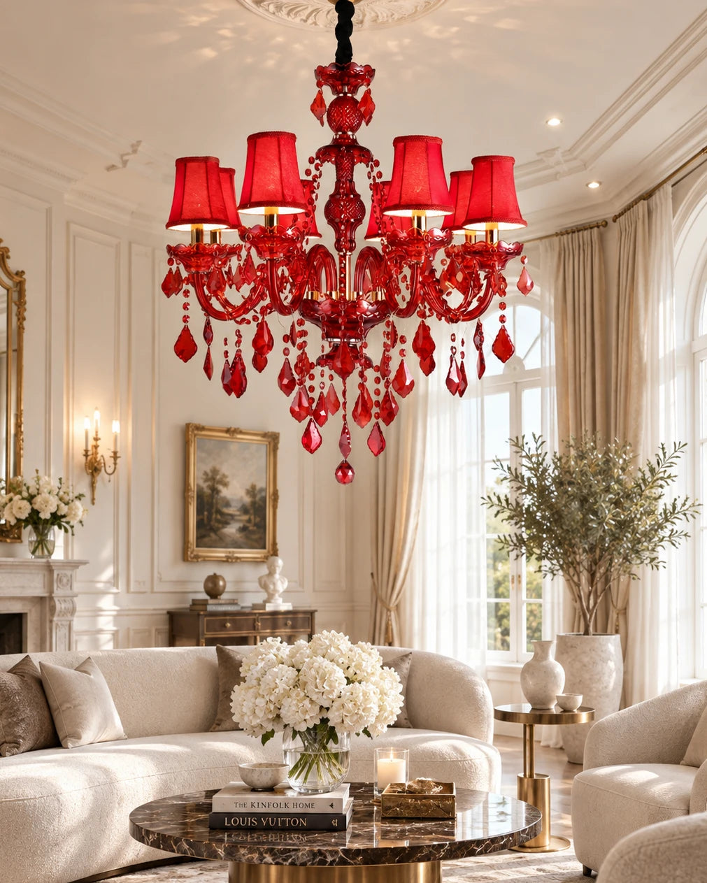 Ruby Shade Cascade Chandelier - 8 Bulbs 