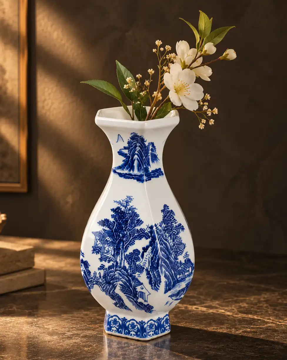 Blue & White Mountain Landscape Vase