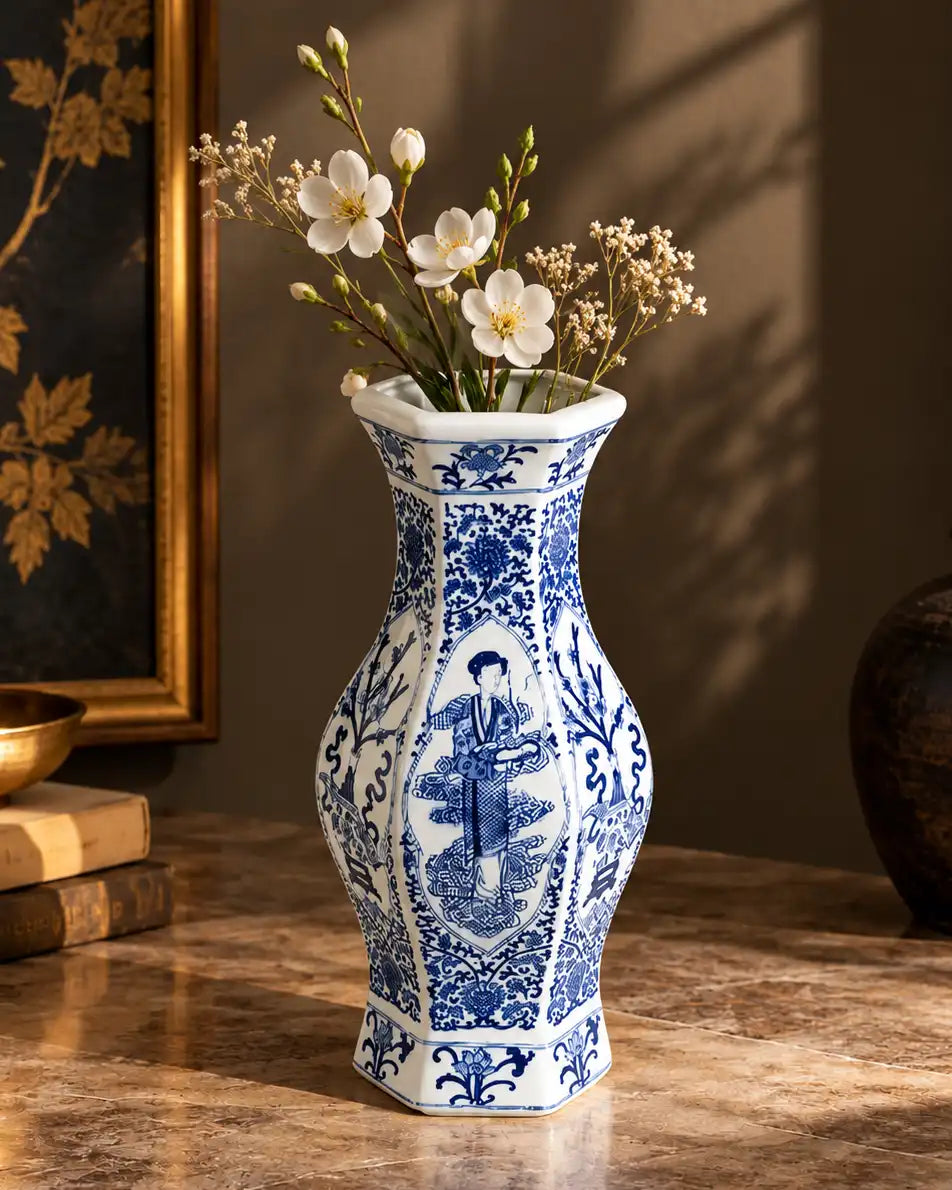 Blue & White Floral Figure Panel Vase