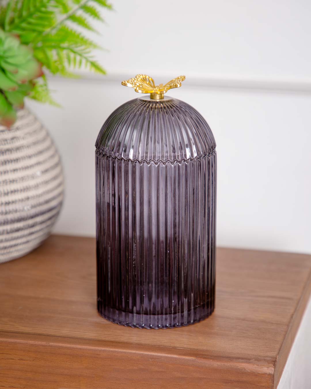 Ruby Ribbed Glass Storage Jar - Black - The Decor Kart