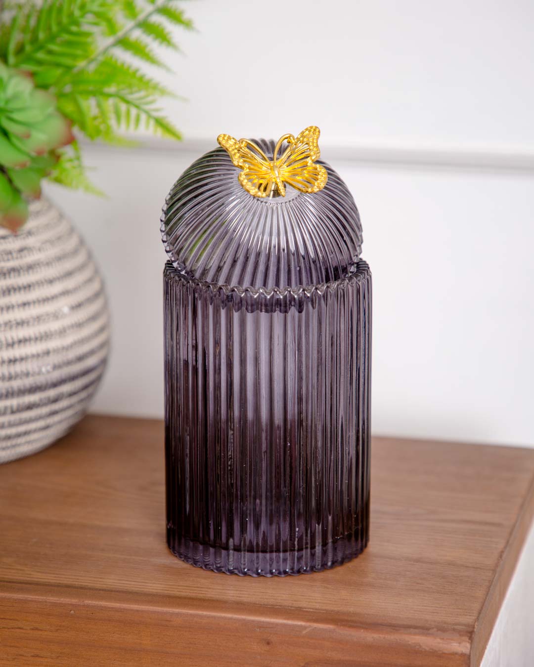 Ruby Ribbed Glass Storage Jar - Black - The Decor Kart