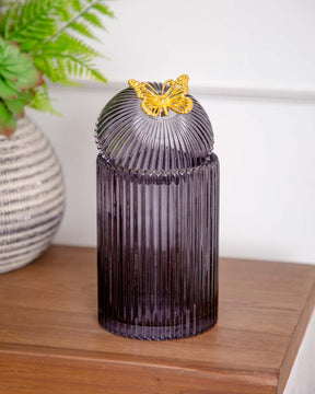 Ruby Ribbed Glass Storage Jar - Black