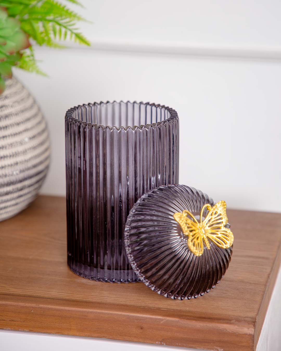 Ruby Ribbed Glass Storage Jar - Black - The Decor Kart