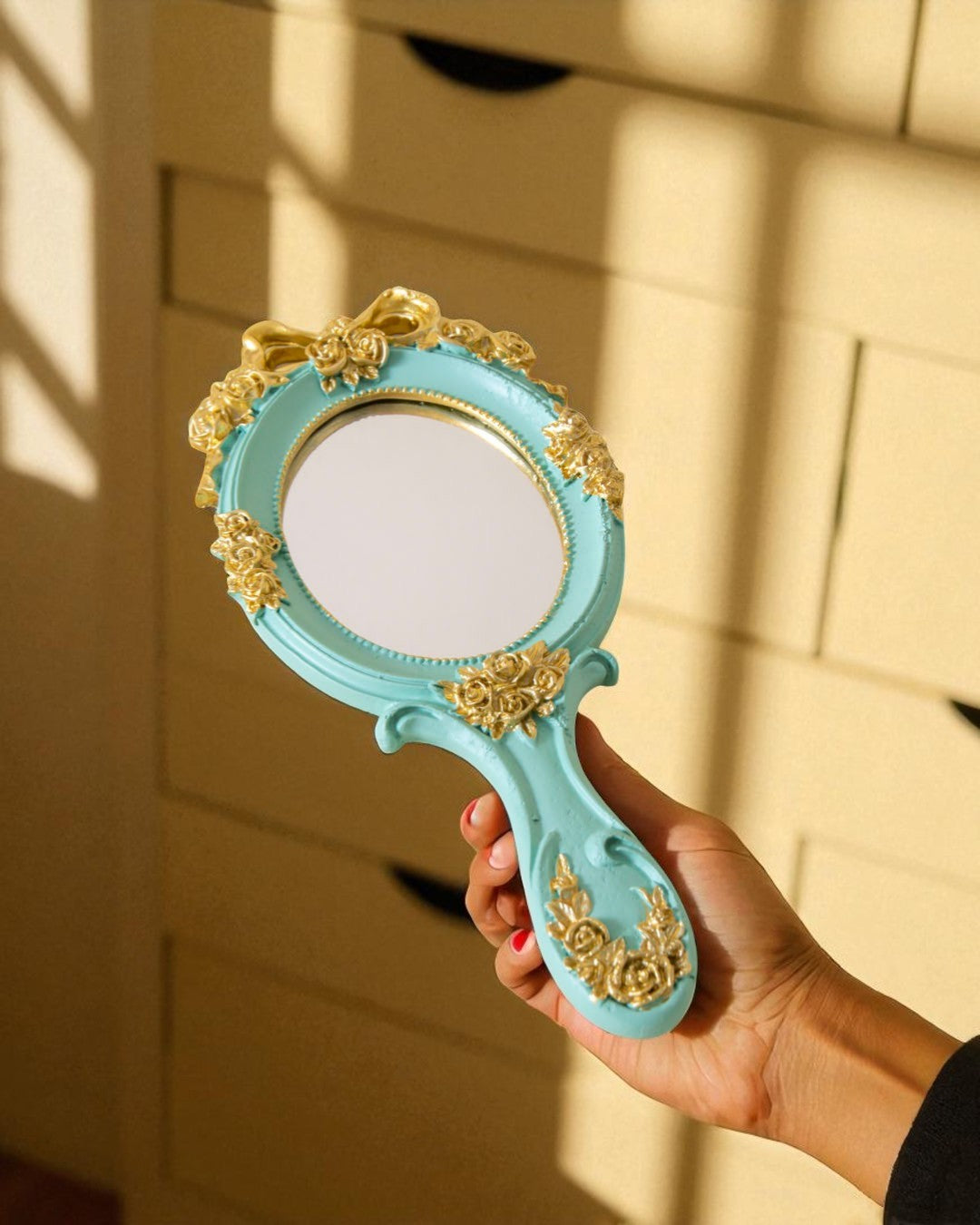 Vintage Aqua Floral Hand Mirror - Green 