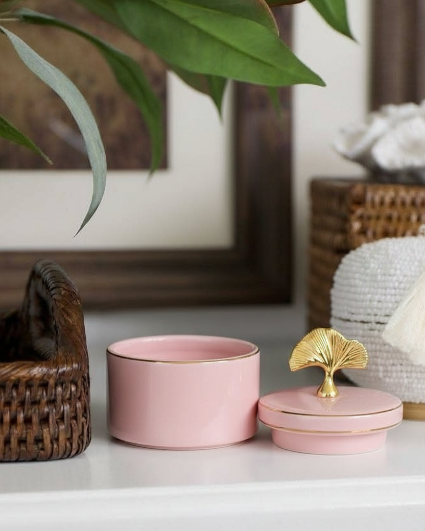Blush Elegance Storage Jar With Ginkgo Lid 