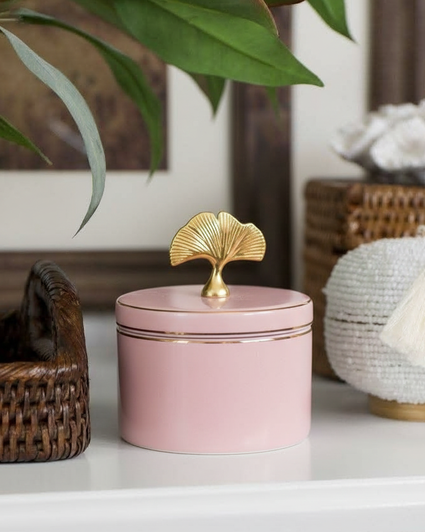 Blush Elegance Storage Jar With Ginkgo Lid 