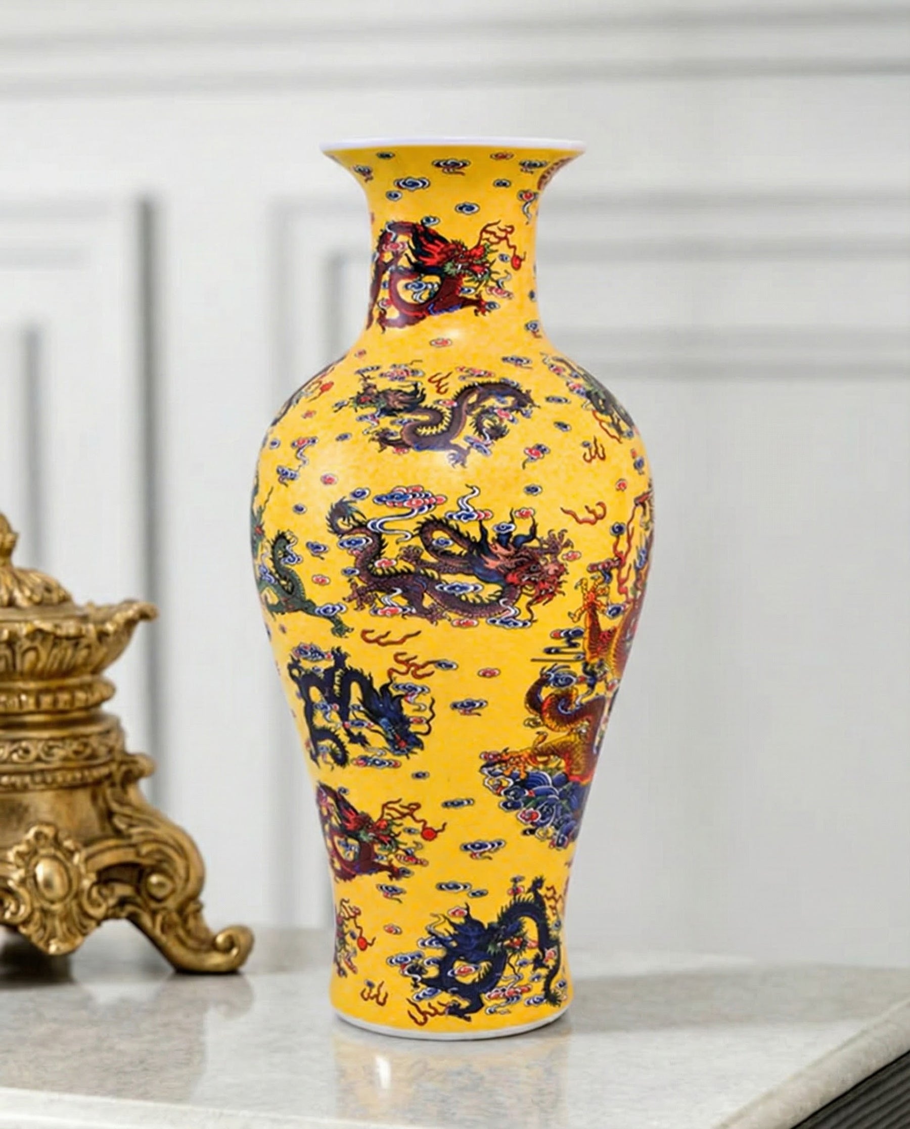 Dragon Motifs Symbolizing Ceramic Vase - Yellow 