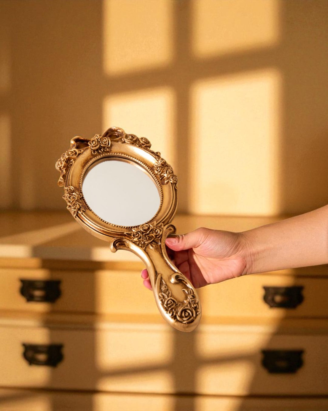 Vintage Aqua Floral Hand Mirror - Gold 