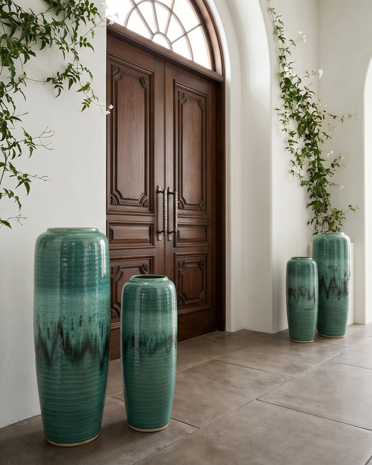 Deep Emerald Textured Floor Vase - Set Of 2