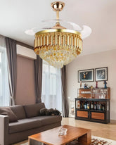 Golden Crystal Retractable Ceiling Fan + Chandelier Light (with Remote Control) 
