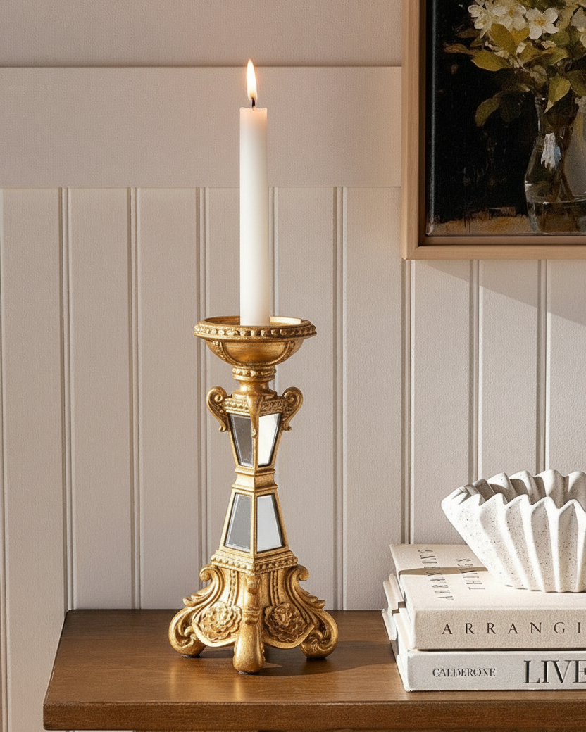Regal Mirror Pedestal Candle Stand - Gold 