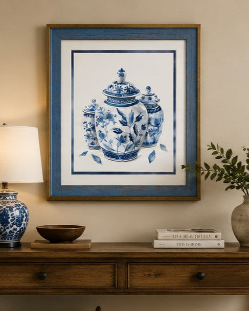 Blue & White Framed Wall art - 12"x12" 