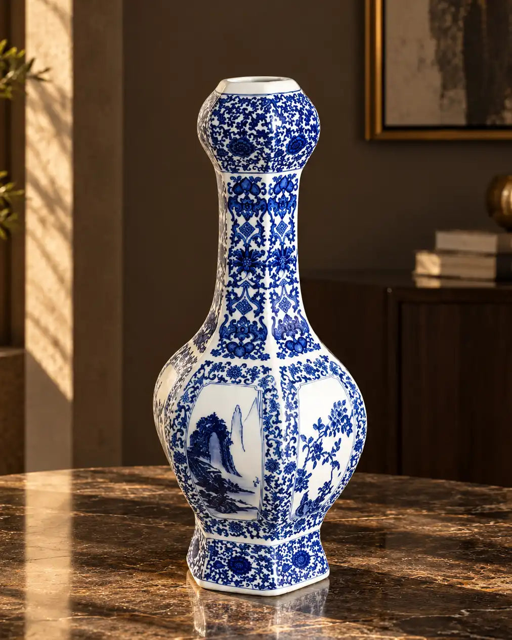 Blue & White Scenic Floral Motif Vase