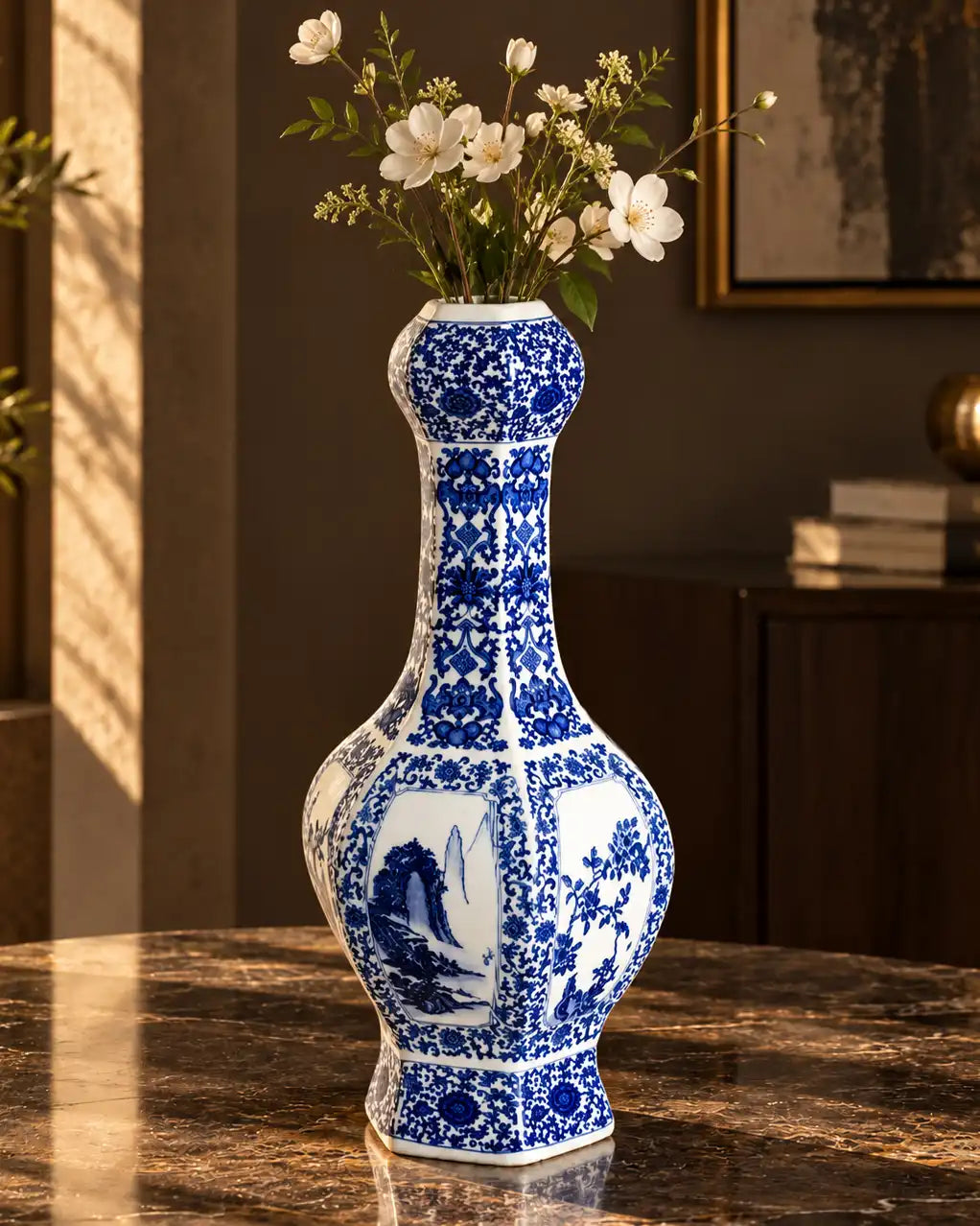 Blue & White Scenic Floral Motif Vase
