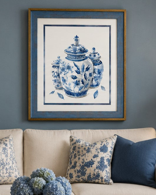 Blue & White Framed Wall art - 12"x12" 