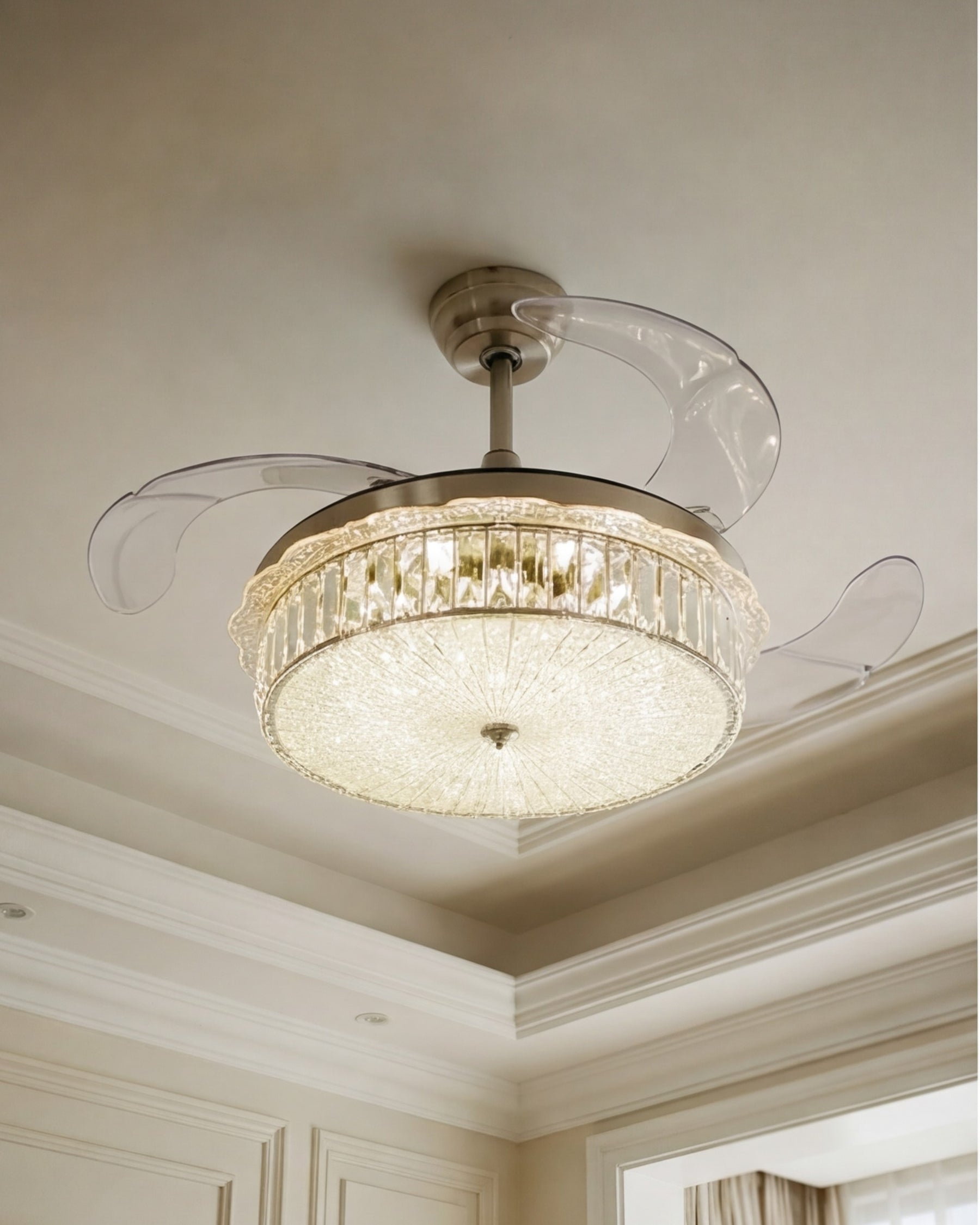 Crystal Halo Retractable Ceiling Fan + Chandelier Light (with Remote Control) 