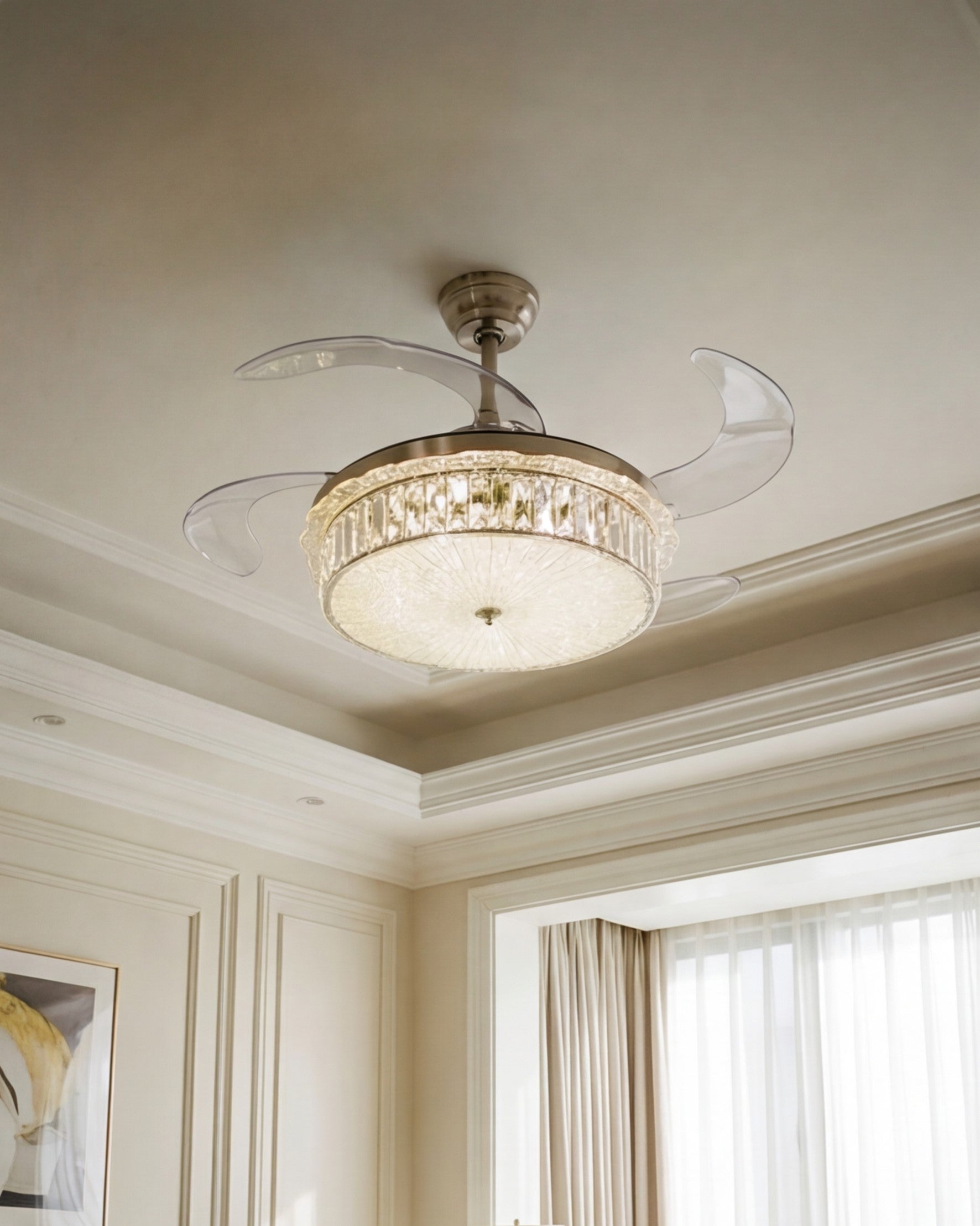 Crystal Halo Retractable Ceiling Fan + Chandelier Light (with Remote Control) 