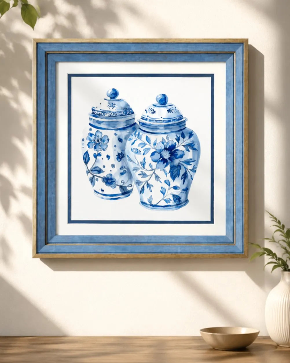 Blue & White Framed Wall art - 12"x12" 