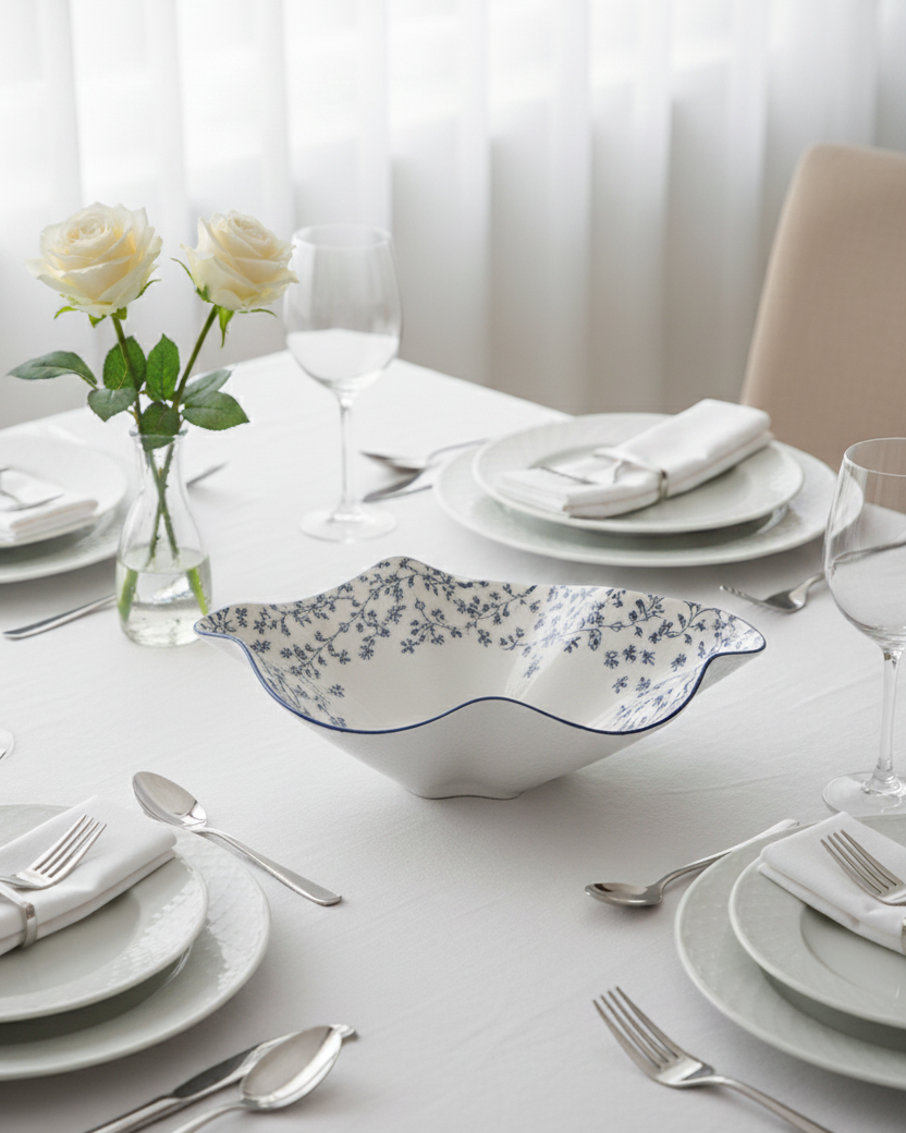 Blue Blossom Wavy Ceramic Bowl 
