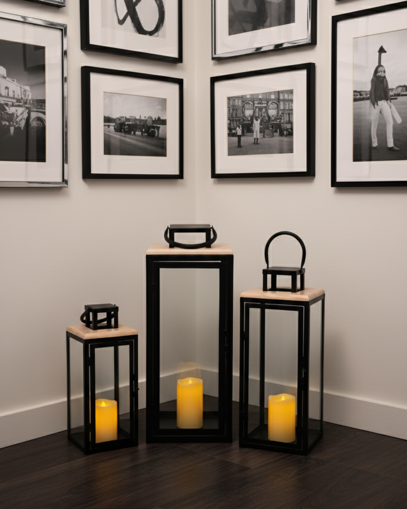 Black Frame Elegance Candle Lantern 