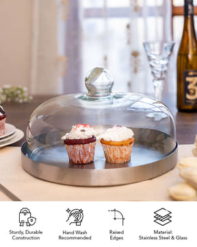 Silver Stainless Steel Cake Plate with Glass Dome