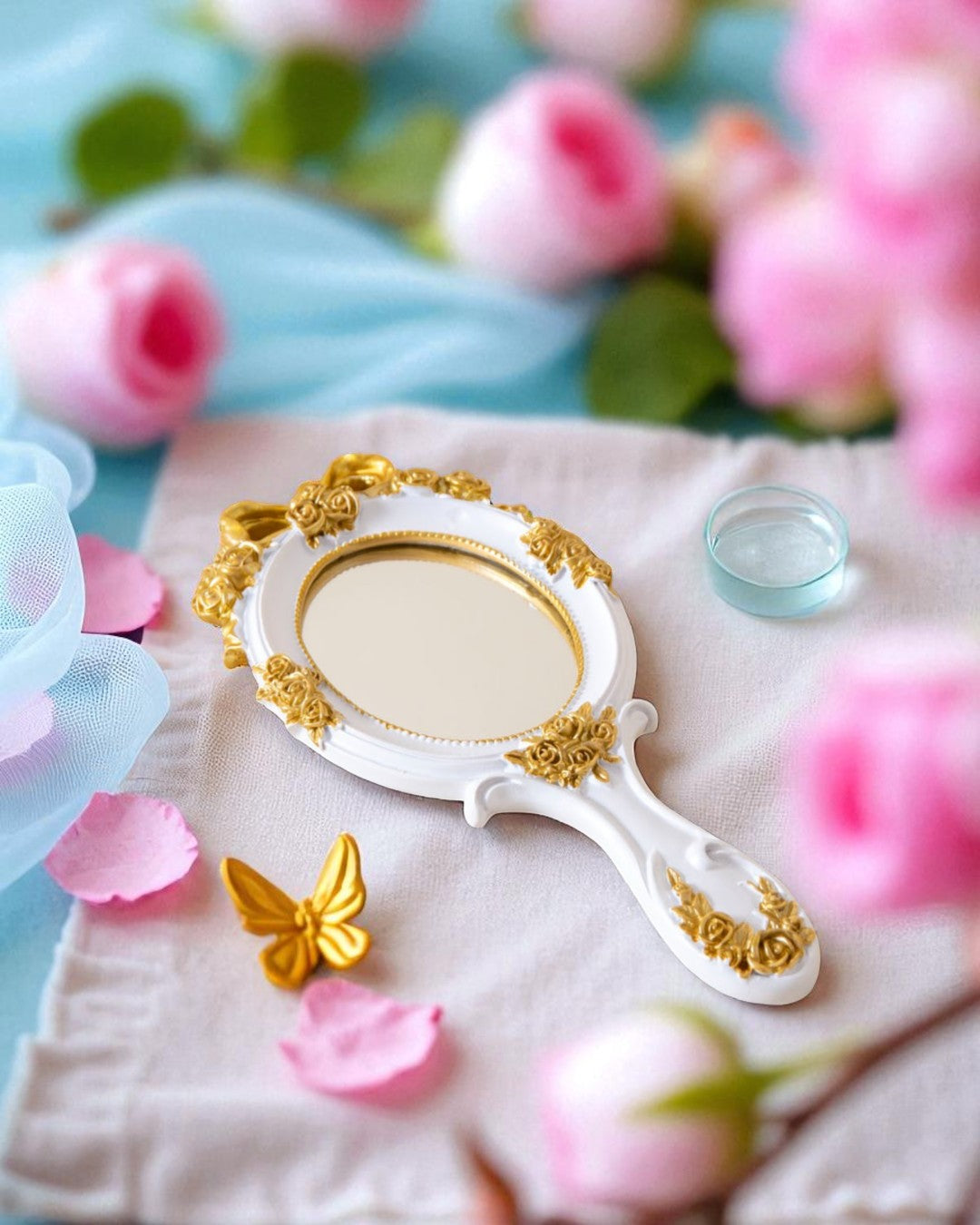 Vintage Aqua Floral Hand Mirror - White 