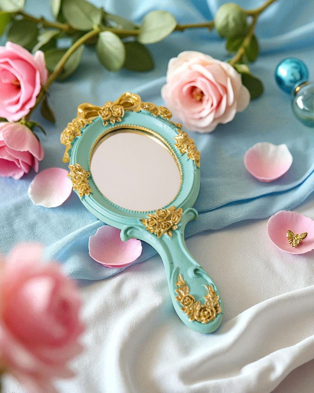 Vintage Aqua Floral Hand Mirror - Green 