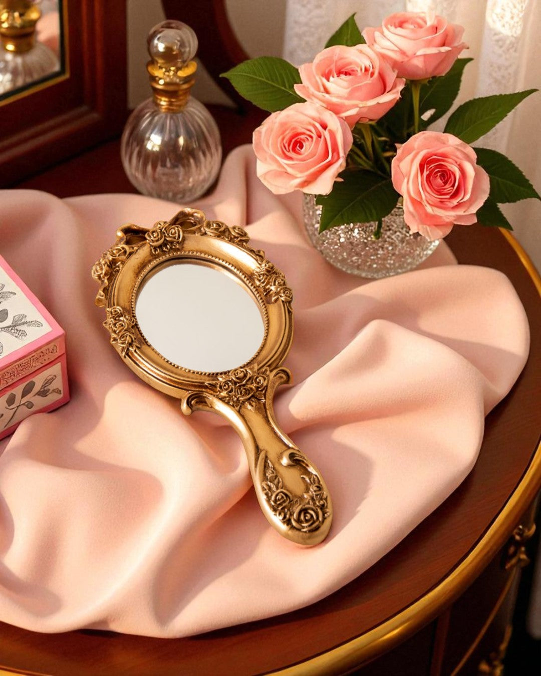 Vintage Aqua Floral Hand Mirror - Gold 